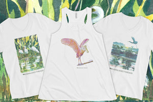 T-shirts and a tanktop with artwork from local Naples, Florida artists Hannah Ineson and Denise Wauters. The artwork includes paintings of water birds and Everglades wildlife landscapes.